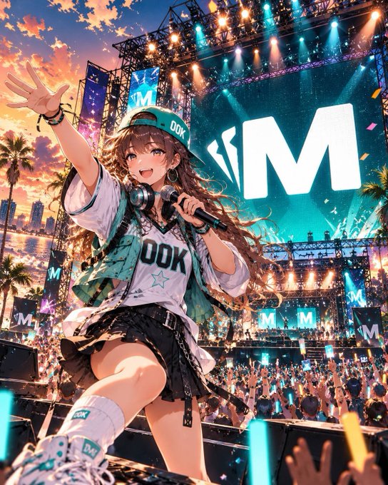 Anime-style illustration of an energetic girl in 'OOK' branded streetwear performing on stage at a vibrant concert festival with a massive 'M' logo backdrop and cheering crowd.