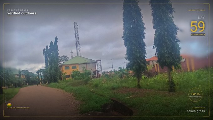 A landscape photo taken outdoors on a dirt path with trees, houses, and a communications tower, overlaid with text including 'PROOF OF WALK', 'verified outdoors', 'DAY 59', and 'CONTRACT #2: touch grass'.