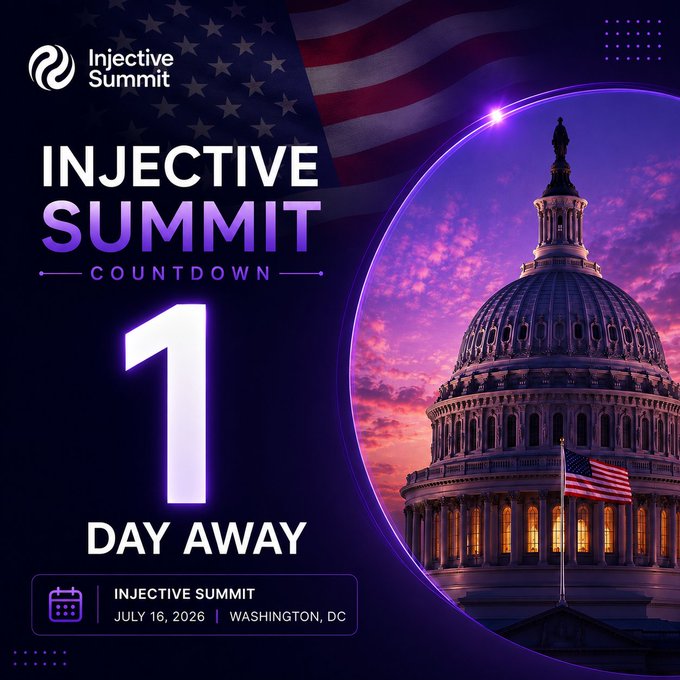 A promotional graphic for the Injective Summit showing '1 DAY AWAY' with the event scheduled for July 16, 2026 in Washington, DC, featuring an image of the U.S. Capitol building.