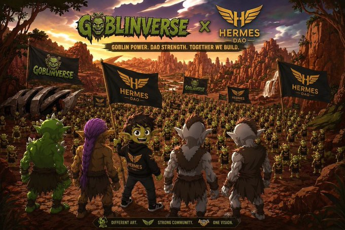 Promotional artwork for 'GOBLINVERSE x HERMES DAO' collaboration featuring cartoon goblins and characters with banners reading 'GOBLIN POWER. DAO STRENGTH. TOGETHER WE BUILD.'
