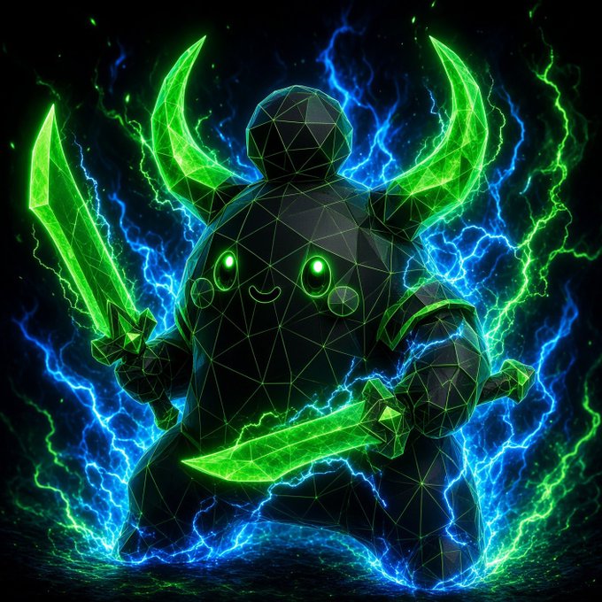 Digital art of a round, low-poly black character with glowing green eyes and a smile, wielding two glowing green swords and surrounded by blue lightning effects on a dark background.