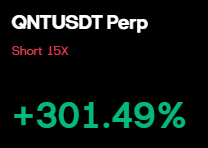 A trading screenshot showing 'QNTUSDT Perp' at 'Short 15X' with a large green gain of '+301.49%'.