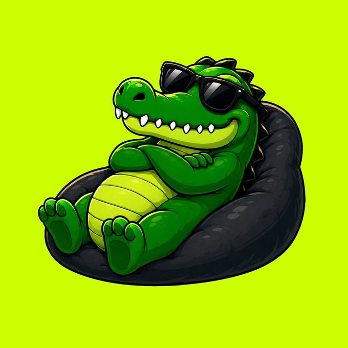 A cartoon green crocodile wearing black sunglasses lounges confidently with crossed arms on a dark bean bag chair against a bright lime-green background, embodying a cool and relaxed vibe that matches the laid-back mint announcement vibe of the upcoming CHOMP NFT drop.