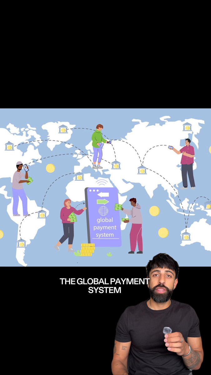 A man with a beard is standing behind a map of the world, looking at a poster or billboard featuring a group of people holding money. The caption above the image reads "The global payment system was built decades ago for a world that no longer exists." This suggests that the man might be discussing the history and evolution of global payments systems or the current state of the industry.