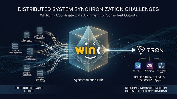 Infographic titled 'DISTRIBUTED SYSTEM SYNCHRONIZATION CHALLENGES' showing WinLink's Synchronization Hub aligning data inputs from distributed oracle nodes for unified delivery to Tron and dApps.