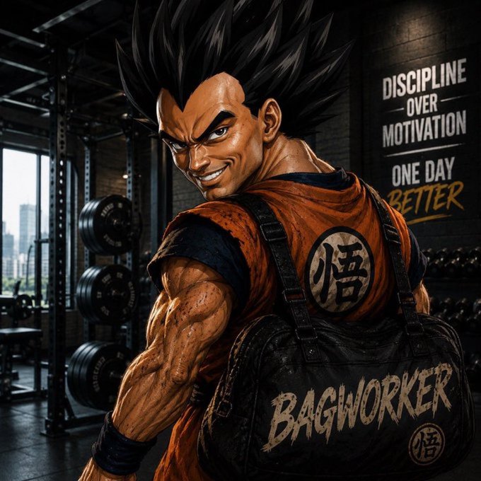 A muscular anime-style character with spiky black hair grins over his shoulder in a gym setting, wearing an orange shirt with the kanji 悟 and a black duffel bag labeled "BAGWORKER." The wall behind reads "DISCIPLINE OVER MOTIVATION" and "ONE DAY BETTER," reinforcing the "bagworker" theme that ties to the post's encouragement of Clive for relentlessly working the charts.
