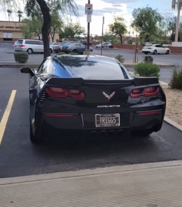 A black Chevrolet Corvette with "TRIGGS" license plate parked in a lot, symbolizing the car the owner sold to invest in PulseChain ($PLS) cryptocurrency. The image visually reinforces the post's theme of trading a tangible asset (the Corvette) for crypto holdings.
