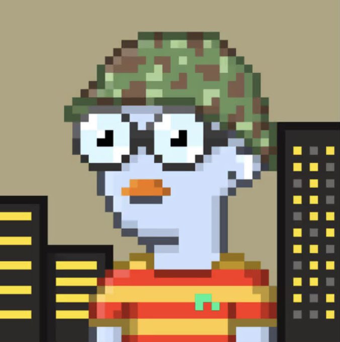 Pixel art illustration of a duck character wearing a green camouflage helmet and orange vest against a city skyline background.