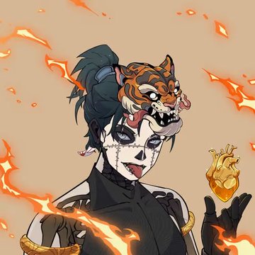 An anime-style character with vibrant Day of the Dead sugar skull face paint, orange demonic horns, and dark hair pulled back, surrounded by flames and holding a glowing golden heart, directly illustrating the artist's appreciation for the striking eye design of their swept Shinka NFT.