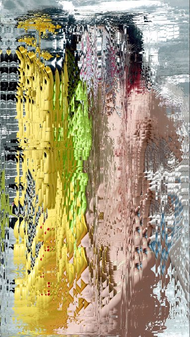 The image features a painting with an abstract design, which appears to be a digital art piece. The colors used are predominantly yellow, green, pink, blue, and white, creating a visually striking effect. The painting has a unique texture that adds depth and complexity to its appearance. The artist's name is mentioned in the caption, suggesting that this artwork might have been created by someone named Daria Rastunina.