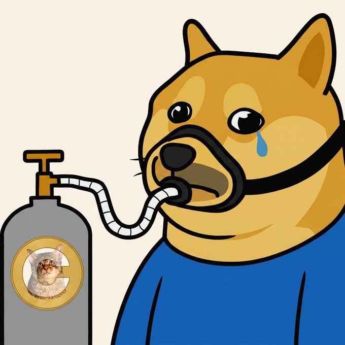 The image shows a cartoon Shiba Inu dog wearing an oxygen mask with a tear in its eye, connected to a tank displaying a coin labeled "CATE" featuring a cat face—referencing the "gCATE" meme about a cryptocurrency investor mourning losses.