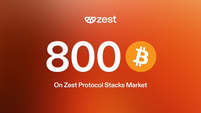 A promotional graphic with an orange gradient background showing the Zest Protocol logo, "800", a Bitcoin symbol, and the text "On Zest Protocol Stacks Market".