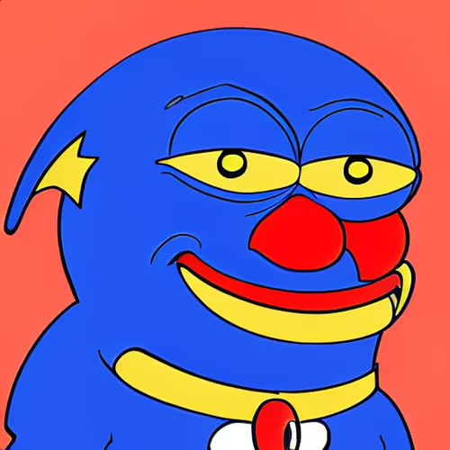 A blue cartoon creature with a wide yellow grin, yellow eyes, and a red nose grins mischievously against a salmon-pink background, wearing a yellow collar with a red gem. The smug, knowing expression of the creature pairs perfectly with the meme's warning about "buying at the price you deserve," implying a smug "I told you so" moment for those who didn't buy in.