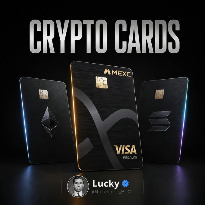The image showcases three sleek black crypto cards from MEXC, including a prominent Visa Platinum card in the center, flanked by cards featuring Ethereum and Solana logos. Bold "CRYPTO CARDS" text headlines the image, which is shared by "Lucky" (@LLuciano_BTC), visually reinforcing the post's message about crypto cards becoming practical tools for everyday spending with cashback rewards.