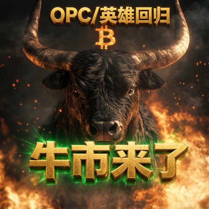 A dramatic poster featuring a charging bull with Chinese text reading 'OPC/英雄回归' at the top and '牛市来了' (The bull market is here) in gold lettering below, with a Bitcoin symbol.