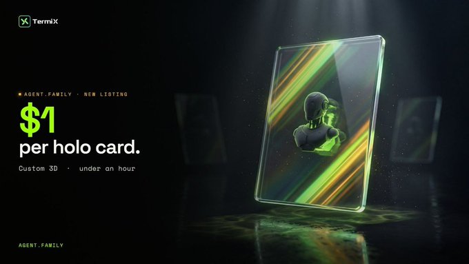 A promotional graphic for 'TermiX' advertising '$1 per holo card' as a 'NEW LISTING,' featuring a holographic 3D card design with green and yellow streaks and a character illustration on a dark background.