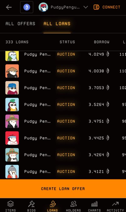 A mobile app screen showing PudgyPenguins NFT loans with 333 loans in auction status, featuring various penguin avatars with different borrow amounts and a 'CREATE LOAN OFFER' button at the bottom.