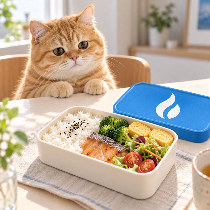 An orange tabby cat sits at a table looking at a bento box filled with rice, broccoli, tamagoyaki, salmon, salad, and tomatoes. A blue lid with a white flame-like logo rests beside the container.