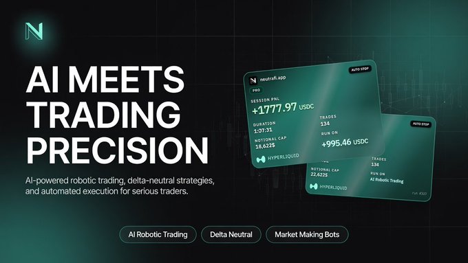 The image features a black background with two green trading cards placed next to each other. The text "N" is written above the cards, while the phrase "AI meets trading precision" is below them. The cards are positioned such that one card is on top and the other is at the bottom of the image.