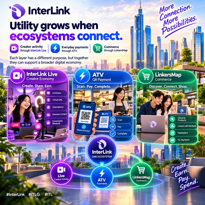 An infographic titled 'InterLink Utility grows when ecosystems connect' displaying three interconnected services: InterLink Live (Creator Economy), ATV (QR Payment), and LinkersMap (Commerce).