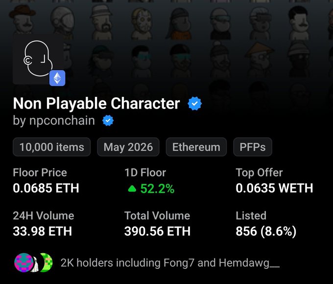 The image depicts a screen with text displayed next to the playerable characters game. The title of the game is "Non Playable Character", which means that only players can play the game, not non-players or casual gamers. The screenshot shows a chart on the screen displaying various statistics and information about the gameplay experience. It appears that the first runner in the game will be @npconchain around 0.1 ether volume and 8.6 listed items, indicating an aggressive pricing strategy for players to engage with the game.