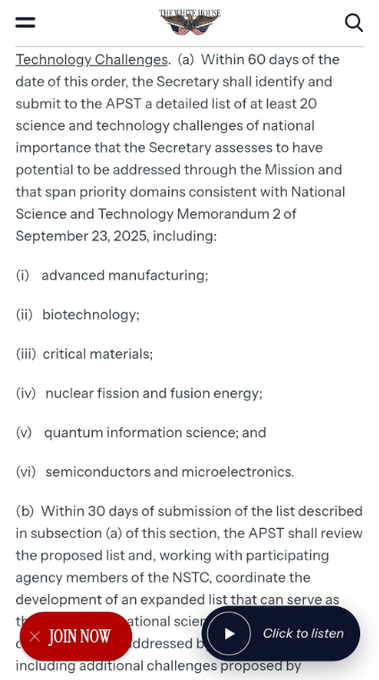 A mobile screenshot of a document from the White House detailing 'Technology Challenges' that the APST must assess, listing areas like advanced manufacturing, biotechnology, and quantum information science, with a 'JOIN NOW' pop-up and a 'Click to listen' audio button.