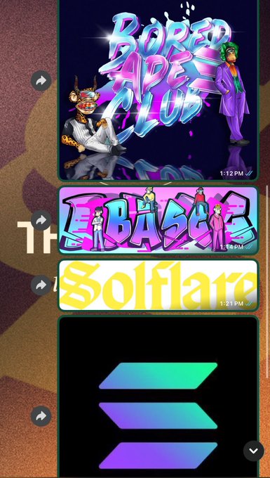 A mobile app interface displaying a vertical feed of colorful NFT listings, including 'Bored Ape Club', 'Bass', and 'Solflare', each with a share icon and timestamp.