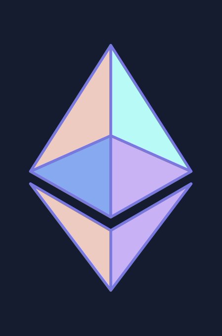 The Ethereum logo, a pastel-colored octahedron in shades of pink, mint, and blue, is displayed against a dark navy background.