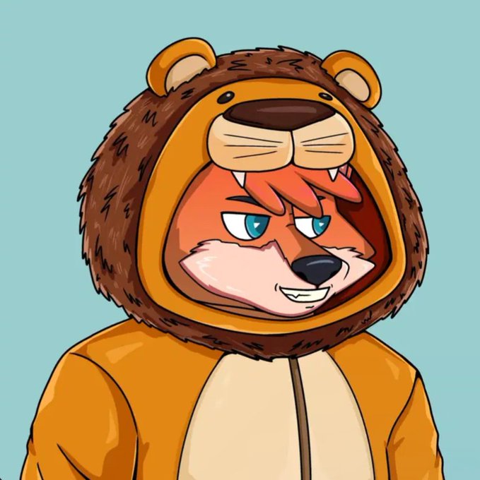 A digital illustration of a fox-like anthropomorphic character with blue eyes and orange fur wearing a furry lion-themed brown hooded onesie.