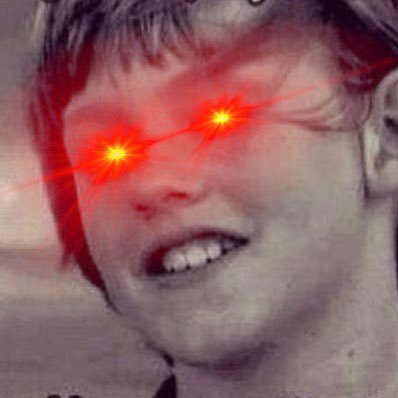 A black and white photo of a smiling young boy edited with glowing red laser beams shooting out of his eyes.