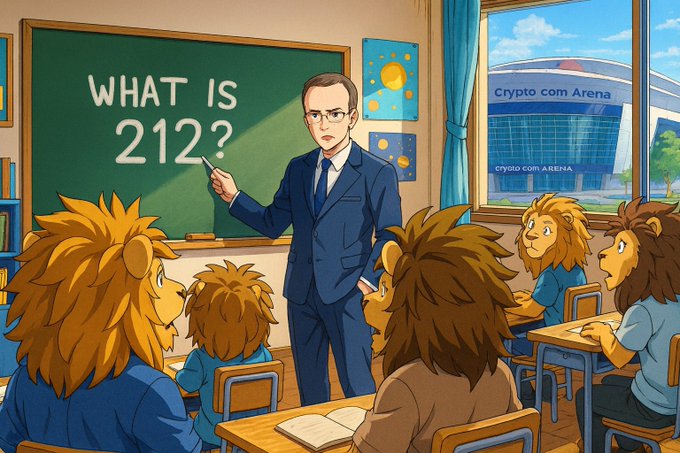 A teacher in a classroom full of lion students points to a chalkboard reading "WHAT IS 212?" while the Crypto.com Arena is visible through the window, humorously illustrating the post's playful confusion about what "212" means in the context of the @LoadedLions_CDC class with @kris.