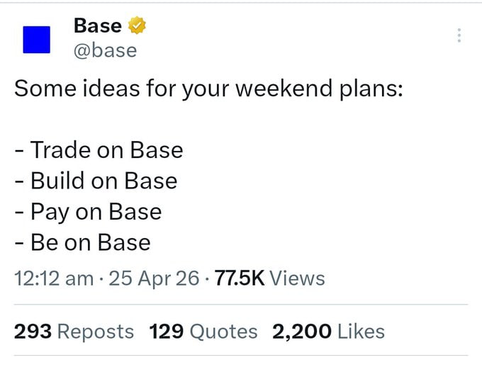 The image shows a screenshot of a social media post about some ideas for weekend plans, specifically related to the base app. The caption reads "Some ideas for your weekend plans: Trade on Base - Build on Base - Pay on Base - Be on Base". The post also includes a list of quotes and likes from other posts that support the idea of using the base app as a way to differentiate against automated bot networks.