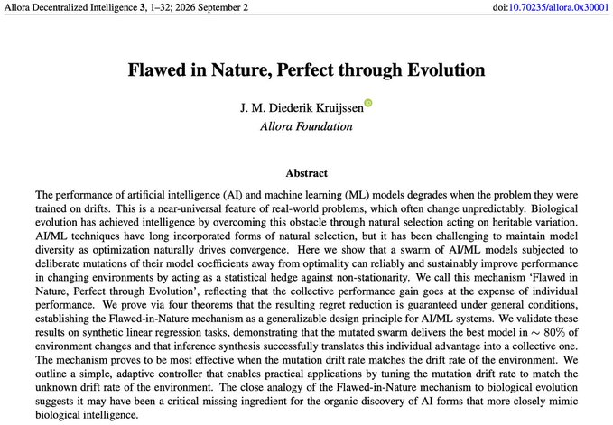 A research paper titled 'Flawed in Nature, Perfect through Evolution' by J. M. Diederik Kruijssen from the Allora Foundation, published in Allora Decentralized Intelligence 3.