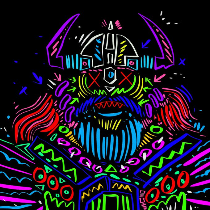 A vibrant, neon-colored digital illustration of a monstrous character with horns, a beard, and sharp teeth is drawn in a wild, abstract style on a black background.