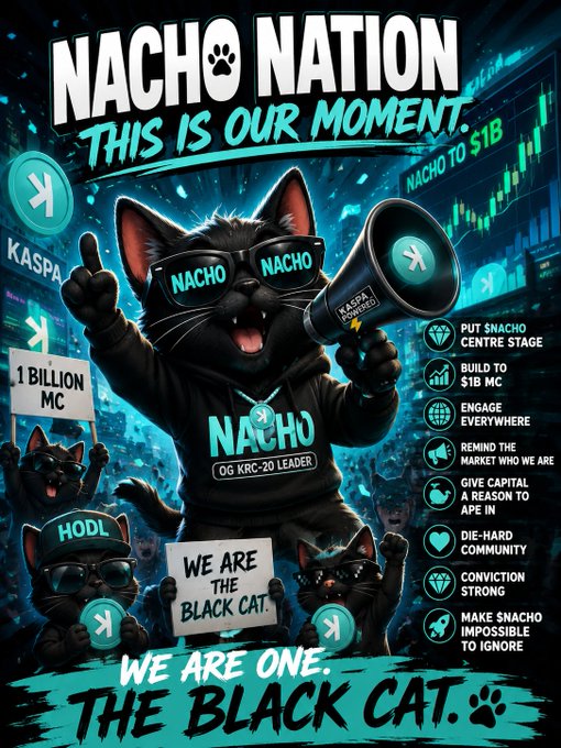 A promotional poster for 'NACHO NATION' featuring a black cat wearing sunglasses and a 'NACHO' shirt holding a megaphone, with text including 'THIS IS OUR MOMENT', 'NACHO TO $1B', 'WE ARE THE BLACK CAT', 'WE ARE ONE', and listing points like 'PUT SNACHO CENTRE STAGE', 'BUILD TO $1B MC', and 'OG KRC-20 LEADER'.