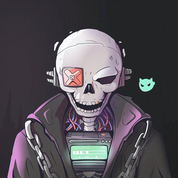 The image features a graphic depicting an individual figure of a robot wearing a coat that appears black. The character's face is lit up by a green light, and they have an evil eye that looks menacing. A skull can be seen peeking out from under the robot's head, giving it an eerie atmosphere. In the background, there are texts related to a digital art piece showcasing something called "NEW 1:1 ATH RACERZ #865 has sold for 1.0800 ETH (#8901) let's race", indicating that this particular artwork has been successfully sold and is being used in the context of a racing event or competition. The focus on both the robot and its backstory adds an intriguing layer to the image, making it more engaging and thought-provoking.