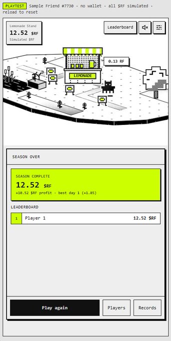 Screenshot of a 'Lemonade Stand' game showing 'SEASON OVER' with a final score of '12.52 $RF' for Player 1.