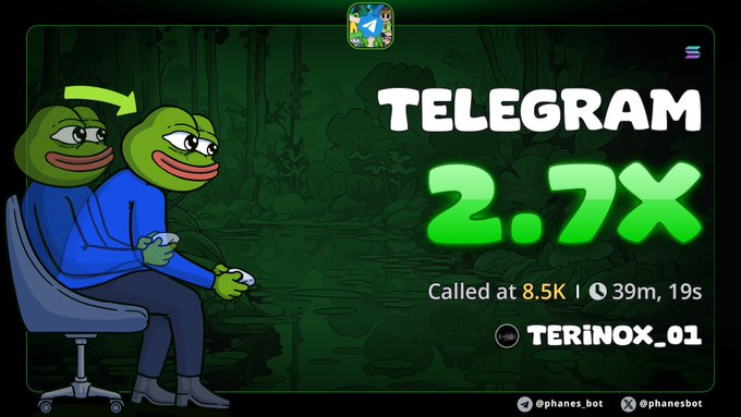 A promotional graphic features two Pepe the Frog characters in blue shirts sitting in an office chair, advertising 'TELEGRAM 2.7X', noting it was 'Called at 8.5K' by 'TERINOX_01' with a '39m, 19s' timer.