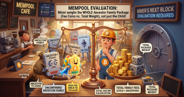A satirical Bitcoin meme illustration set in a 'MEMPOOL CAFE' depicting a miner weighing 'Ancestor Family Package' versus 'Total Package Weight' in fee evaluation.