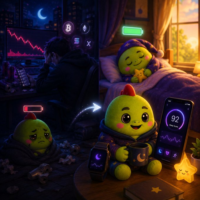 In this artwork featuring three cute stuffed animals - a green frog, a yellow starfish, and a purple mouse - positioned around a wooden table, one of them appears to be sitting next to a watch that says "7x". The setting seems to depict an animated scene in a room with a bed, where the characters are enjoying their time. While some of the animals have drinks or food items like cups and donuts on the table, it's unclear if these elements are related to real-life scenarios. The overall theme suggests that fun can be found in unexpected places even within the chaos caused by the crypto world when it comes to sleep schedules.