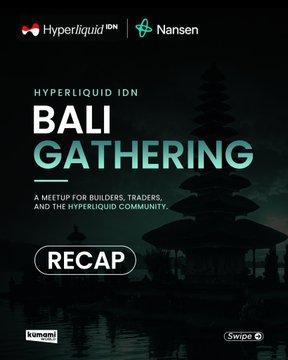 Event recap graphic for 'HYPERLIQUID IDN BALI GATHERING' co-hosted with Nansen, described as 'A MEETUP FOR BUILDERS, TRADERS, AND THE HYPERLIQUID COMMUNITY,' featuring a silhouette of a Balinese temple.