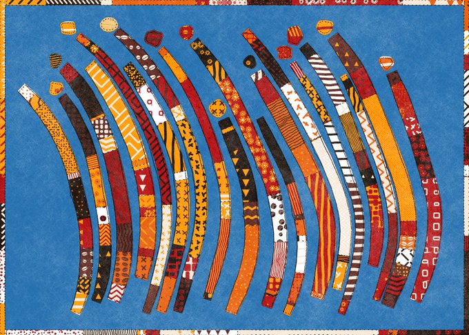 The image features a colorful abstract painting with many different colored lines that create an interesting pattern. The painting has been described as "a riot of colors" by one person, which suggests that there are numerous bright and diverse hues present. The artwork is displayed on a blue background, making it stand out against the contrasting color. The artist's name, Kamau Kamau, is also mentioned in the image, indicating that this piece might be part of an exhibition or collection at a museum.
