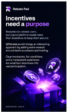 A promotional graphic for 'Rebate Pad' with the headline 'Incentives need a purpose', explaining that the platform offers rewards for token purchases and holding, and features 3D purple coin icons with an 'R' logo.