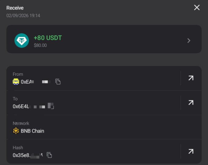 A crypto transaction receipt screen showing a received amount of '+80 USDT / $80.00' on the BNB Chain network.