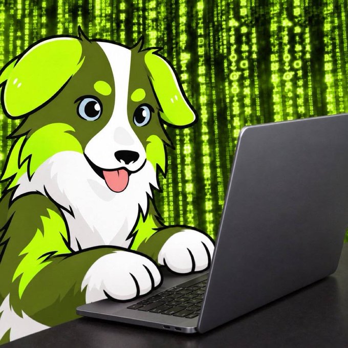 A cartoon dog with a happy expression types on a laptop in front of a green "Matrix"-style code background, fitting the post's announcement about the $ROBDOG token reaching 257 holders and being listed on CoinGecko.