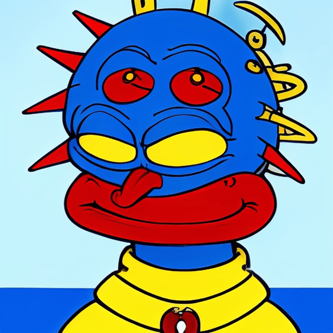 A cartoon drawing of a bizarre creature with a blue spiky head, large red eyes, red tongue, and yellow clothing.