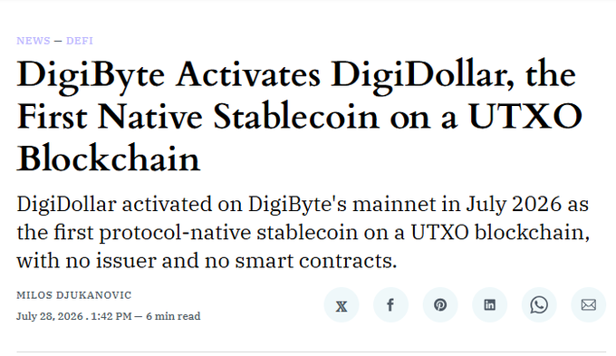 A news article header from the DeFi section titled "DigiByte Activates DigiDollar, the First Native Stablecoin on a UTXO Blockchain," reporting that DigiDollar went live on DigiByte's mainnet in July 2026 as the first protocol-native stablecoin on a UTXO blockchain without an issuer or smart contracts.