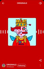 A mobile app screenshot showing an NFT-style artwork of a crowned figure with a red flag on a teal background, with 'ORIGINALS' text at the top and 'Following' button at the bottom.