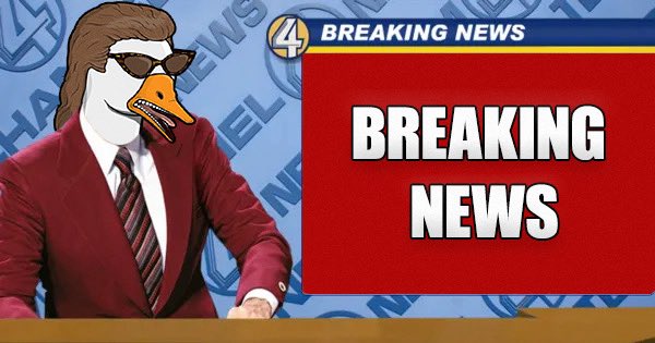 The image features a cartoon duck wearing sunglasses, standing behind a news bulletin board with the headline "BREAKING: Rumors circulate that users of the voice chat app Alorank are migrating back to Alorank". The cartoon duck appears to be reporting on this breaking news story and is dressed in a suit.