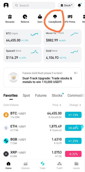 A mobile app interface displays a 'CandyBomb' feature circled in orange, showing favorite cryptocurrencies including BTC, ETH, BGB, and XRP with their price changes.